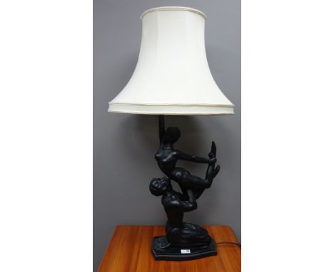 Large Crosa Art Deco style figural table lamp, modelled as a pair ballet dancers, dated 1992, H70cm (This item is PAT tested 