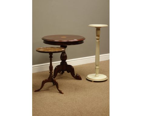 Reproduction mahogany tripod table with inlaid fan motif, wine table with brass inlaid and a painted and gilt plant stand