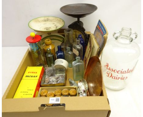 Teacher's Whisky copper tray, British coins, 1950's Salter scales, Edwardian cast iron kitchen scales, 'Scarborough Aerated W