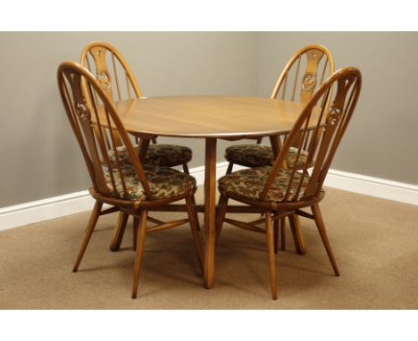 Ercol elm drop leaf dining table (H71cm, 114cm - 125cm (extended)), and set four stick and hoop back dining chairs