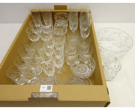 Collection of cut glass drinking glasses, two crystal Webb Corbett brandy glasses, cut glass bowl, Stuart sundae dishes and o