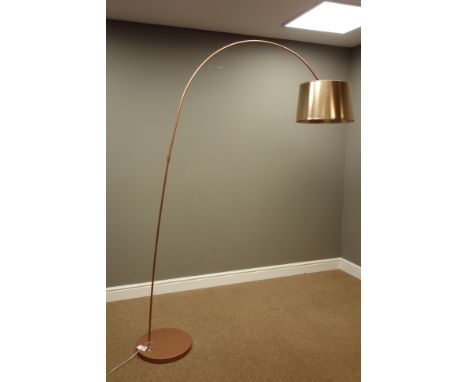 Copper finish arc floor lamp and shade on circular weighted base, H207cm (This item is PAT tested - 5 day warranty from date 