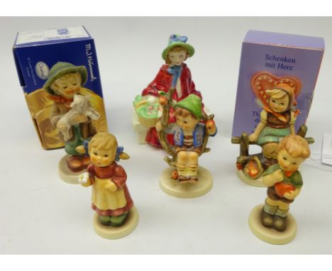 Four Goebel figures, 'First Bloom', 'Be Mine', both boxed & three others and a Royal Doulton figurine 'Linda' H.N 2106 (6)