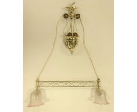 Edwardian twin branch rise and fall electric light fitting with glass shades, L56cm