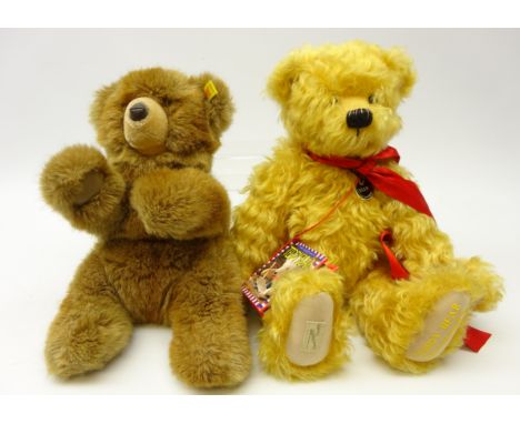 Steiff Bear, brown plush with Steiff ear button, H35cm and Dean's Centenary Bear, gold plush with red ribbon and tag, label o