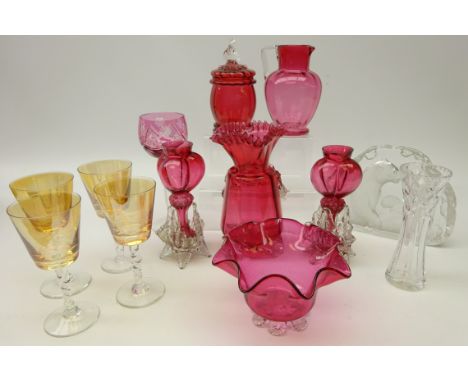 Pair early 20th century Cranberry posy vases, similar vase with frilled rim, trinket jar and cover, crystal hock glass with c