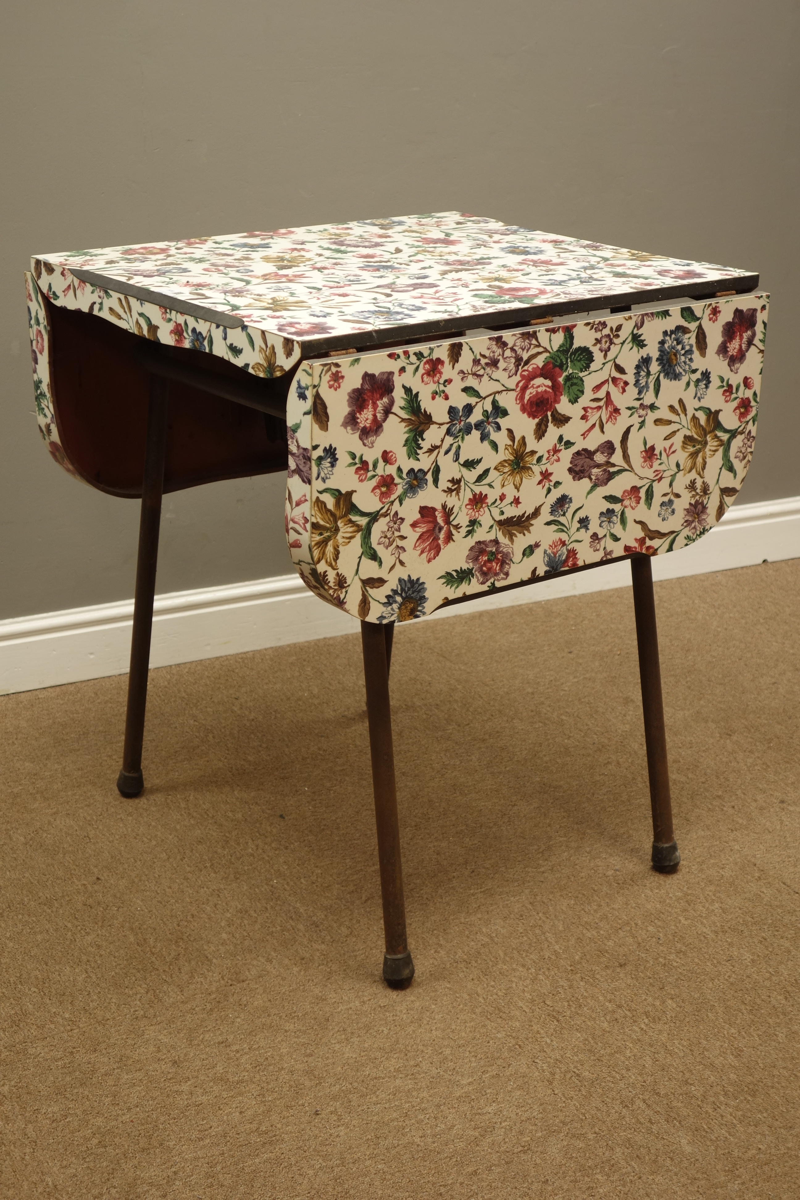 1950s Floral Formica Drop Leaf Table On Metal Base H77cm 68cm X 63cm   Original 