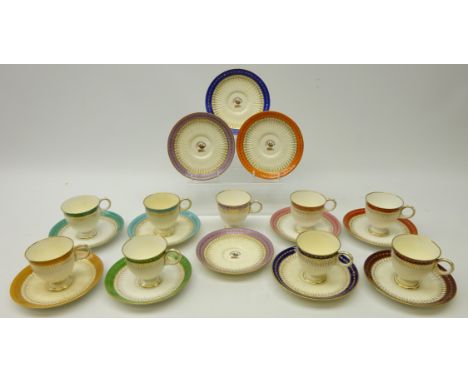 Harlequin set of nine mid 19th century Worcester, Kerr and Binns armorial coffee cups and saucers, of ribbed form, painted wi