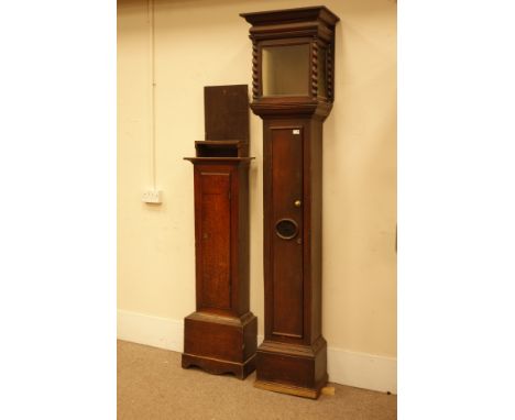 18th century oak longcase clock case, narrow door with oval glazed aperture, square hood with barley twist pilasters, and ano