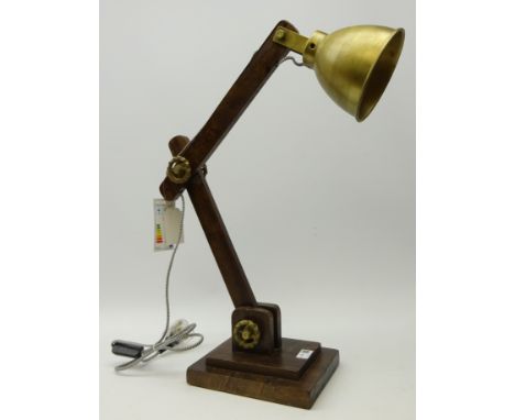 Industrial style wooden adjustable desk lamp, with brass shade and fittings on stepped base, as new with tags, H63cm 