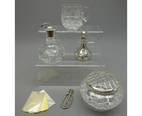 White metal overlay scent bottle of squat form, H9.5cm, Webb Corbett scent bottle with silver lid, Stuart crystal drinking gl