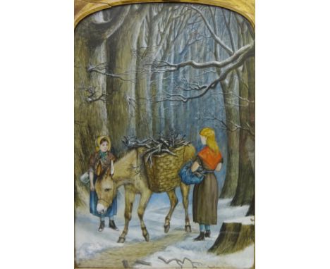 Stick Gathering in the Woods with a Donkey, 20th century watercolour unsigned 55.5cm x 38cm 