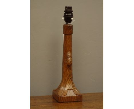 'Mouseman' carved oak table lamp, by Robert Thompson of Kilburn, circa. 1950, H30cm (excluding fitting)