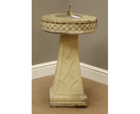 Circular composite stone sundial on moulded tapered column, H63cm