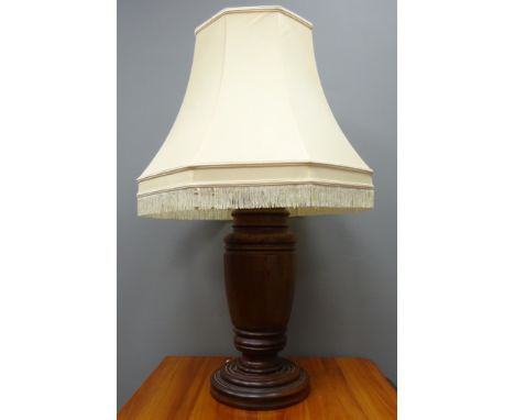 Large turned mahogany table lamp, H46.5cm x D26cm 