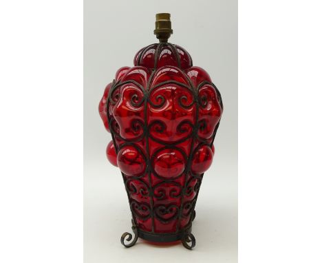 Hand blown ruby red glass table lamp base with metal frame and four scroll feet, H34cm 