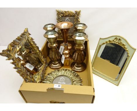 Pair of graduating frames with gilded leaf moulded borders, two pairs of glass candlesticks, easel mirror, copper vases etc i