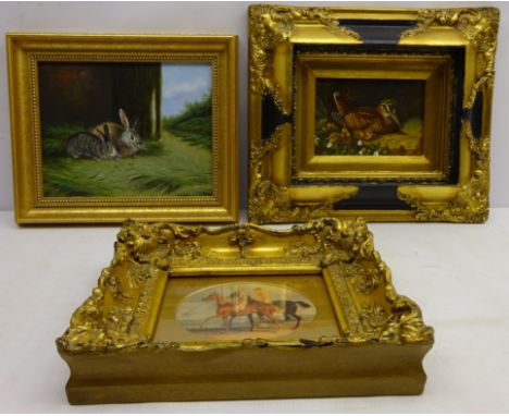 Snipe and Chicks, 20th century oil on panel indistinctly signed, Rabbits, oil on canvas board unsigned and one other colour p