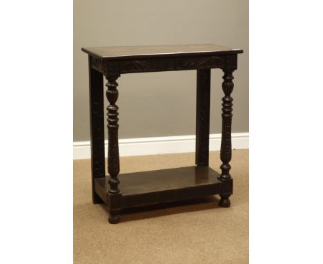 Victorian oak rectangular console table with under tier, carved scrolled frieze and uprights, W73cm, H82cm, D36cm