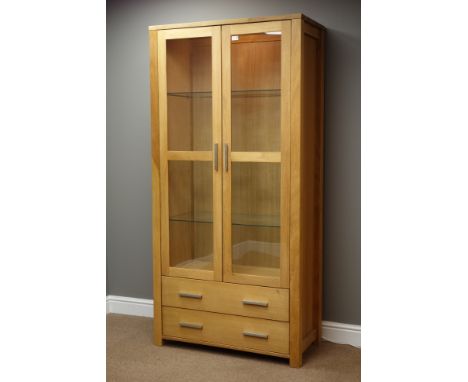 Light oak illuminated display cabinet with two drawers, W92cm, H190cm, D45cm