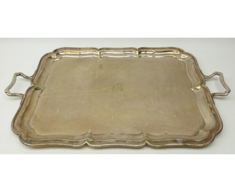 Large early 20th century Mappin & Webb's Princes plate twin handled gallery tray with raised scroll border, central panel eng