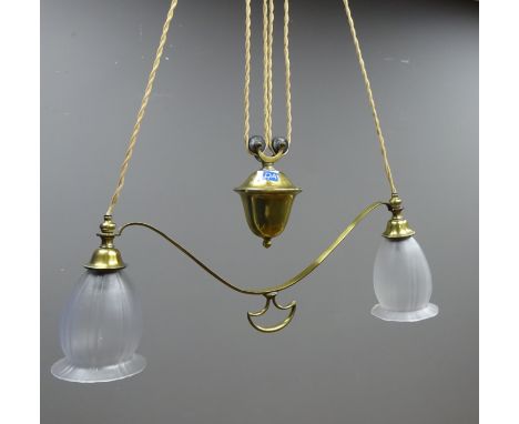 Pair of early 20th century French twin branch rise and fall electric light fittings with glass shades, L50cm (2)