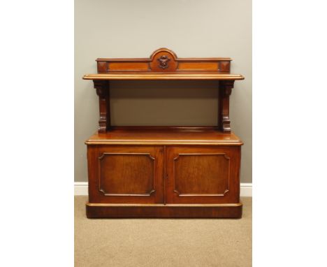 Victorian mahogany buffet sideboard, raised back above top tier with mounted crest, carved scrolled supports, double cupboard