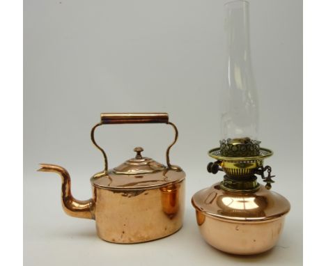 Hinks & Son copper and brass oil lamp, H17.5cm excluding funnel and copper kettle (2)