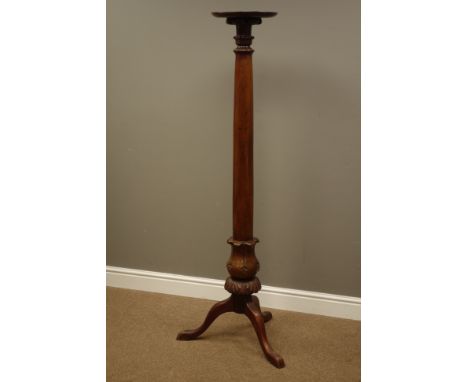 20th century mahogany torchere stand, turned column with carved baluster, circular dished top, tripod base, D29cm, H155cm