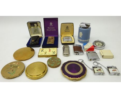 Collection of lighters and vintage powder compacts, including Wedgewood 'Jasper Ware' table lighter, Ronson 'Electronic' and 