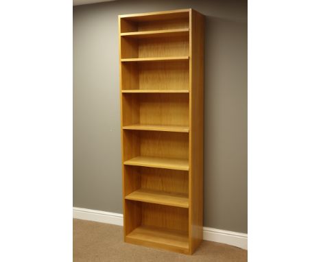 Solid light oak bookcase with adjustable shelves, W66cm, H205cm, D33cm,