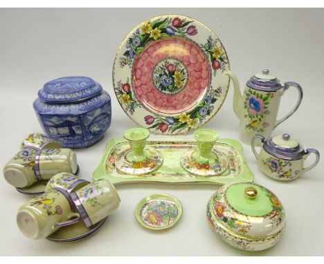 1950's Maling 'Peony Rose' dressing table set and 'Springtime' plate, 'North East Coast Industries Exhibition' blue and white