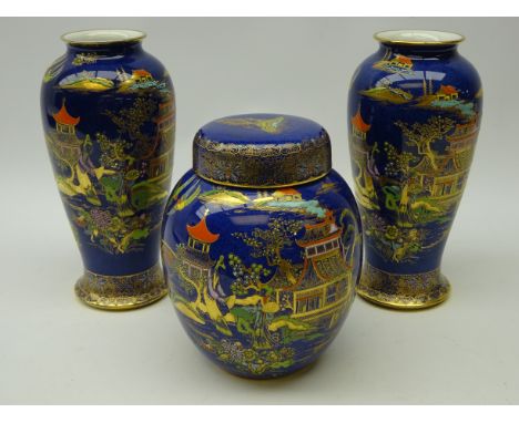 Pair Carlton Ware 'New Mikado' pattern vases, H24cm and ginger jar on blue mottled ground (3)