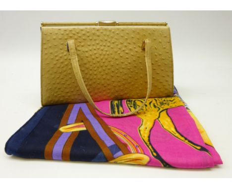 Vinatge Ostrich skin handbag and horse theme scarf (2)