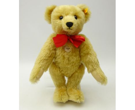Steiff Classic Bear 1909, gold plush with growler, with red ribbon, with Steiff ear button and tags H42cm (1)
