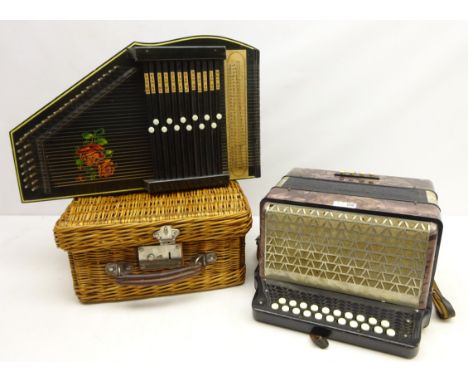German autoharp in lacquered finish, vintage Hohner accordion and a vintage Fortnum & Mason wicker picnic hamper (3)