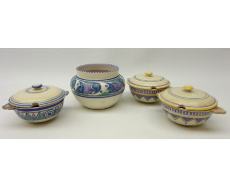 Three Carter Stabler Adams Poole pottery twin handled preserve pots and vase, shape no. 922, possibly in the Paisley pattern,