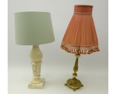 Classical style alabaster table lamp on square base, H40cm and a ornate brass table lamp (2)