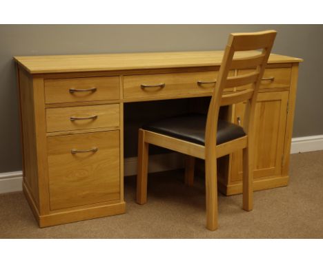 Light oak desk, four drawers, centre keyboard drawer and cupboard (W157cm, H80cm, D55cm), with chair