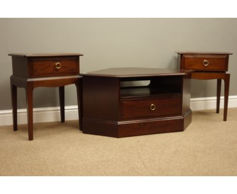 Pair Stag Minstrel mahogany bedside lamp tables (W45cm, H57cm, D32cm), and a corner television stand 