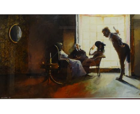 Georgian Interior Scene, 20th century acrylic on paper signed and dated '87 Watts, Boarder Collie and Cat Portrait, two paste