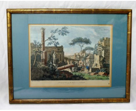 After Marco Ricci (1676-1729) 
Classical Ruins
Handcoloured engraving
Engraved by F. Vivares
Printed and sold by R Wilkinson,