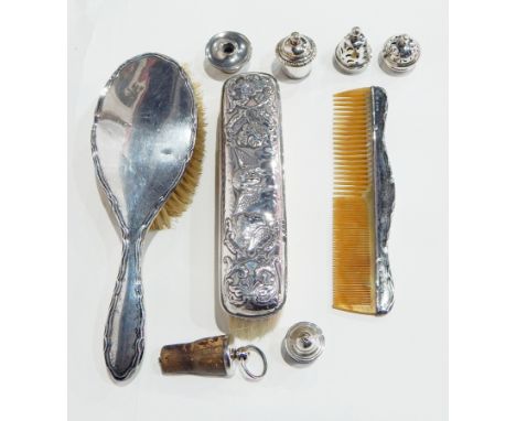 Silver-backed hairbrush, clothes brush and comb, various dates together with six silver stoppers, various 