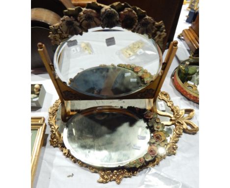 Gilded and floral oval toilet mirror, floral oval mirror and floral gilded mirror (3) 