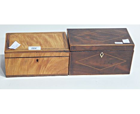 Regency inlaid mahogany tea caddy with box wood stringing, rectangular with fitted interior and another satinwood and cross b