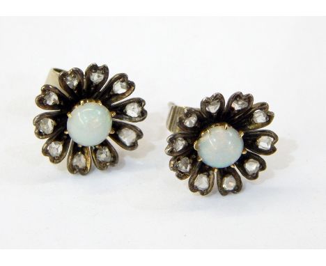 Pair late Victorian/Edwardian white metal, diamond and opal earrings, each set with single circular opal surrounded by rose c