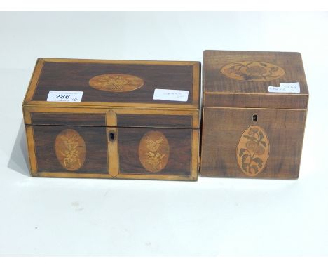 Regency rosewood inlaid tea caddy with fitted interior and another single compartment tea caddy each with floral cartouches