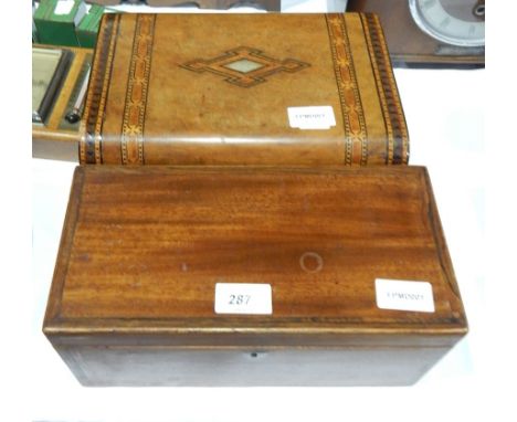 Victorian walnut parquetry inlaid workbox and a mahogany tea caddy 