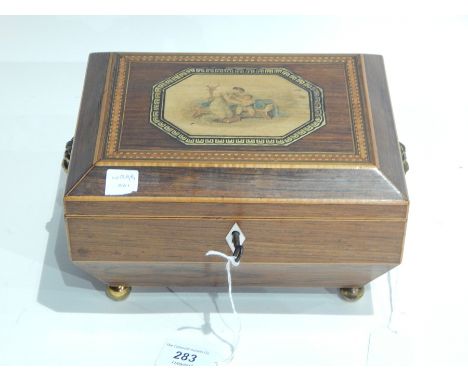 Regency parquetry inlaid sewing box with printed central panel of mother and child with brass lion mask handles and on brass 