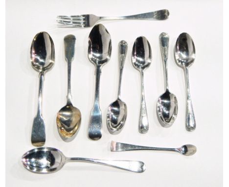 Four 19th century teaspoons, various, four shell-pattern coffee spoons and small fork, 5oz approx. 